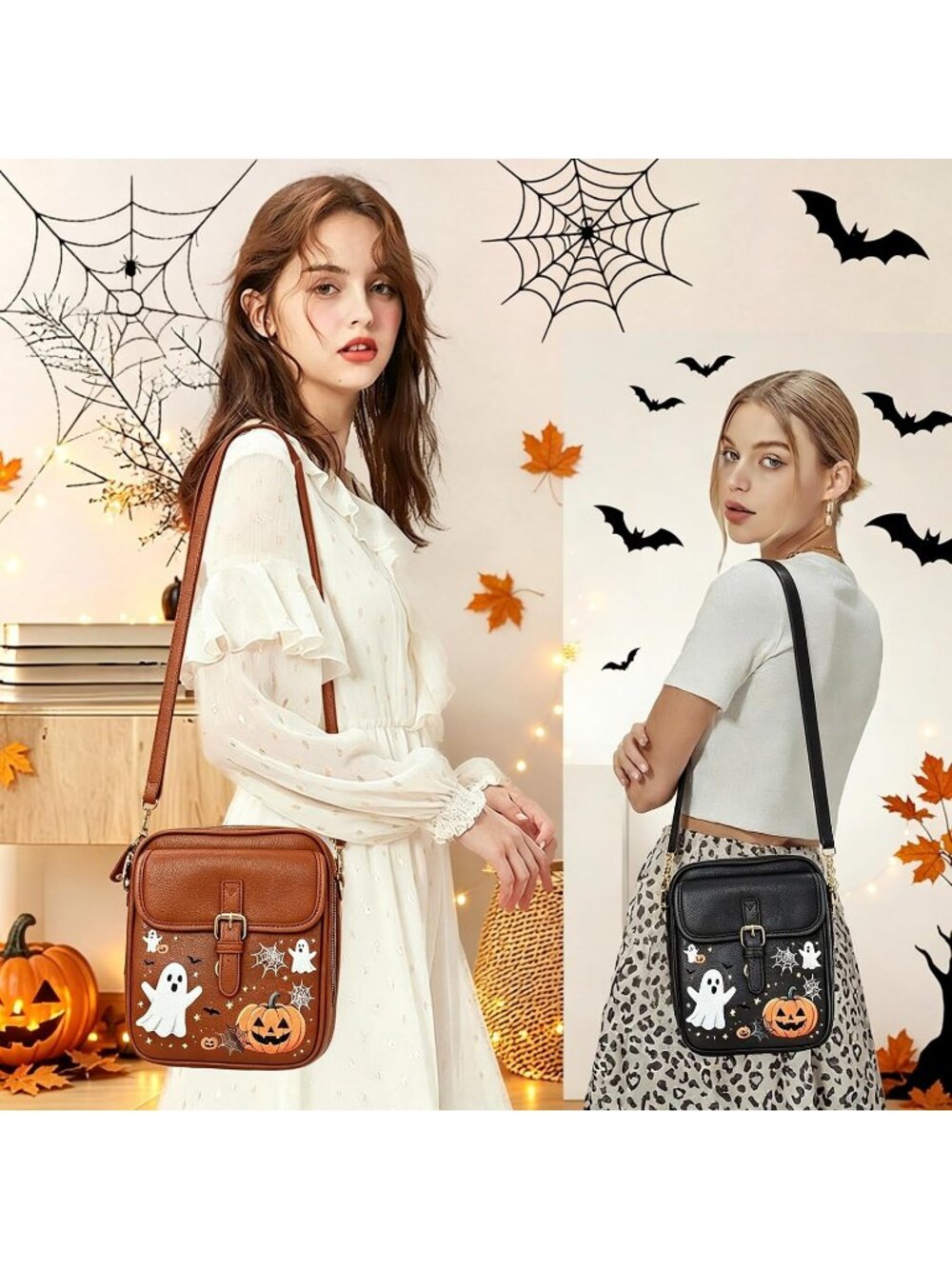 Women Halloween-Black Capacity Purse Card Slots Shoulder Leather Crossbody Bags - Picture 2 of 6